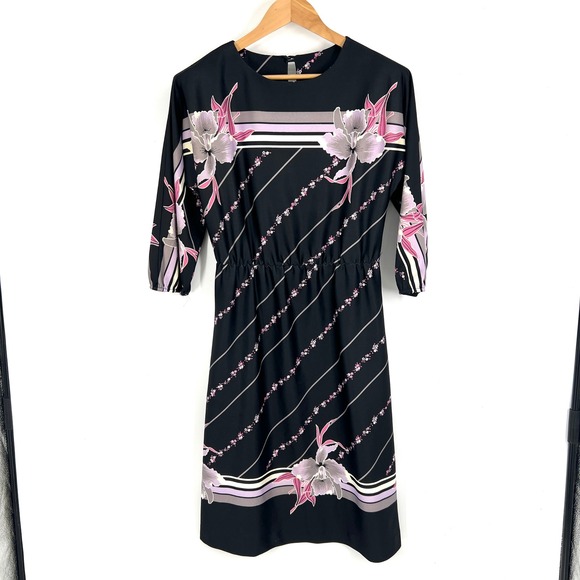 Avon Fashions Dresses & Skirts - Vintage Avon Fashions Black Floral Midi Dress 7/8 Pink Purple Stripe 8498